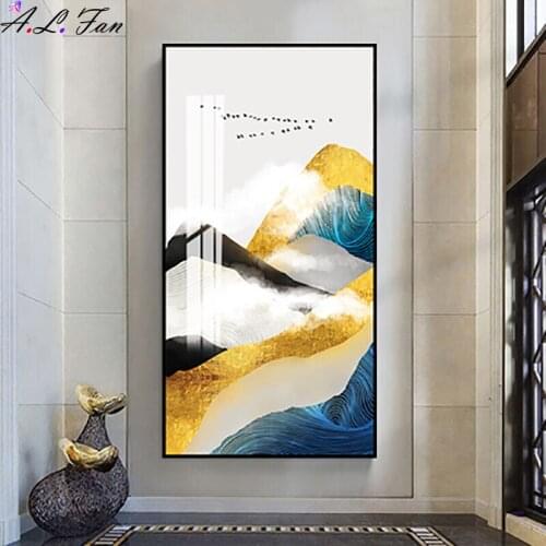 Nordic abstract golden mountain landscape wall painting art on canvas white cloud art poster print wall picture for living room