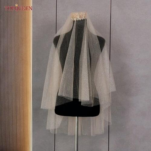 TOPQUEEN V90 Champagne Color Wedding Veil Short Veils Double Layer Wedding Shiny Veil for Bride Wedding Veil for Bride Glitter