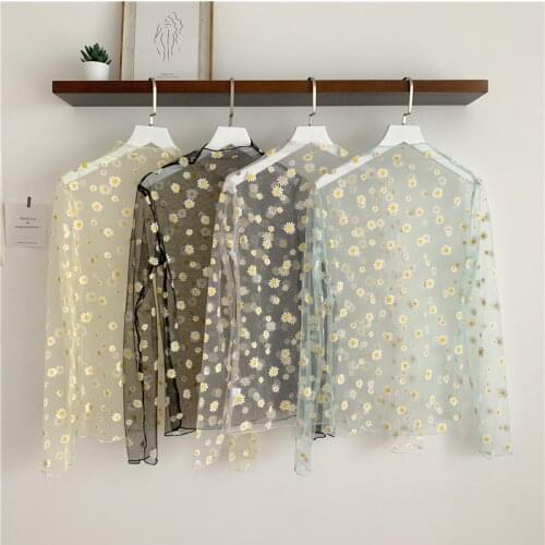 Women Casual Mesh Pattern Daisy Flower Printed Blouse Tops Girls Mesh Shirt See Through Shirt for Female Blusas De Mujer Blusas