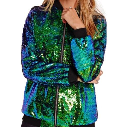 Women Autumn Long Sleeve Stand Collar Loose Shiny Sequins Zipper Coat Jacket Casual Loose Shiny Sequins Zipper Coat Jacket women