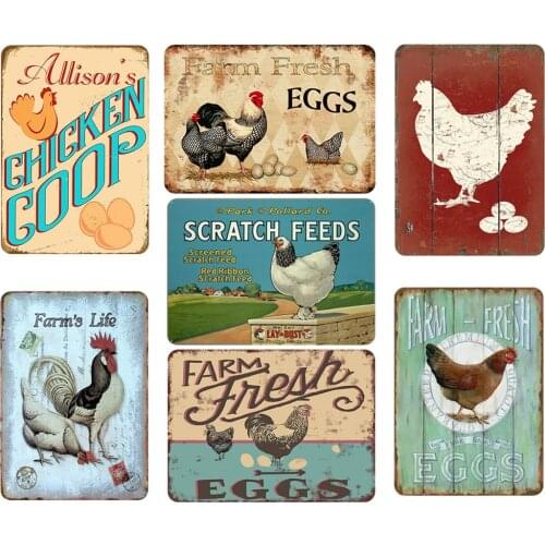 Happy-Hens Fresh Eggs Metal Tinplate Poster Chickens Farm Shop Poster Vintage Restaurant Wall Decor Retro Plaque Signs 20*30cm