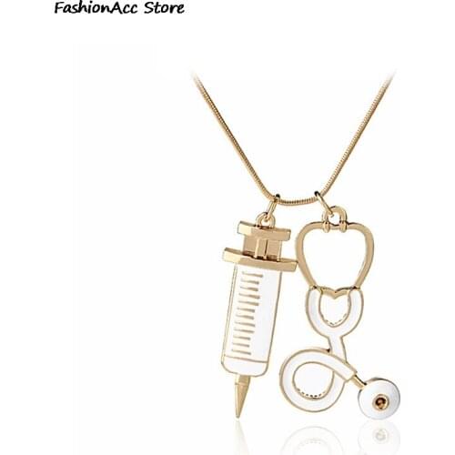 1Pc Medical Stethoscope Syringe Pendant Necklace Snake Chain Needle Metal Alloy Pendant For Women Nurses Jewelry Gifts