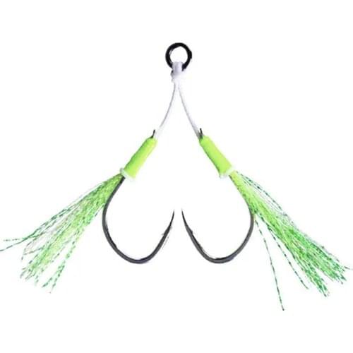 10pcs/Set Sea Fishing Double Assist Hooks With Barbed Luminous High Carbon Steel Strong Slow Jigging Hooks With Feather
