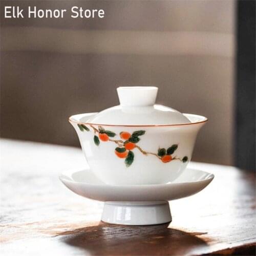 180ml Hand Painted Ceramics Persimmon Tea Tureen White Porcelain Oolong Travel Tea Teaware Gaiwan Portable ea Cover Bowl Saucer