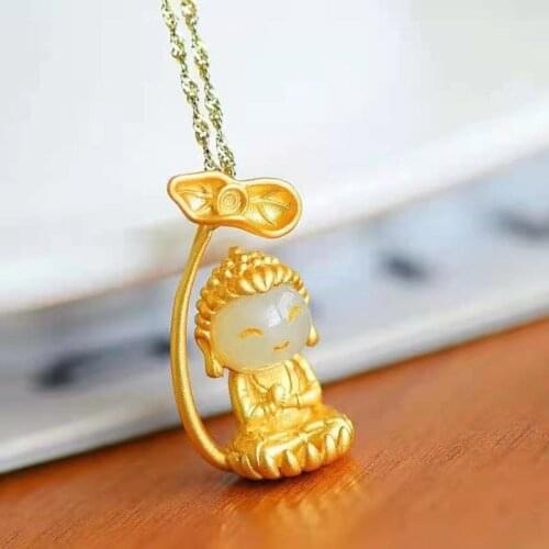 925 Ancient Silver Baby Buddha Prayer Necklace Natural Hetian Jade Egg Noodle Pendant Is Designed for Women Jewelry