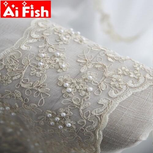 White Sheer Net Tulle Curtain Beige Embroidery lace for Living Room with Artificial Pearl Bottom Lace Embroidered Voile ZH420#50