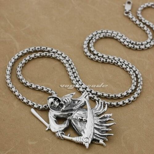 Large Grim Reaper Scythe Death 925 Sterling Silver Mens Biker Rock Punk Pendant 9H012 with stell necklace 26 inches