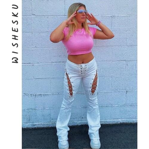 High Waist Flare Pants Women Sexy Hollow Out Side Bandage Lace Up Straight Trousers 2021 Autumn Harajuku Kawaii Punk Y2K Clothes