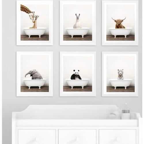 Baby Animal in Bathtub Poster Alpaca Giraffe Posters and Prints Panda Canvas Painting Nursery Wall Art Nordic Pictures Kid Room