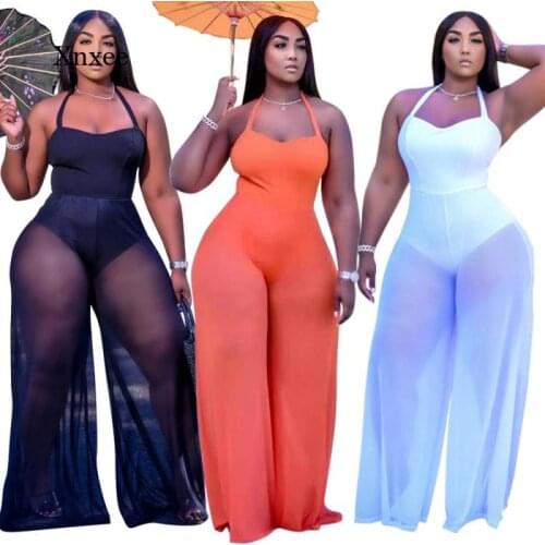Women Straight Jumpsuit Mesh See Though Sexy Rompers Plus Size Slim Halter Bodycon Sleeveless Romper Overall Romper Outfit