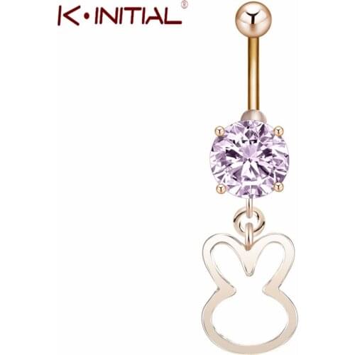 Kinitial Zircon Belly Navel Ring Bar Body Piercing Pink Crystal Button Rings Jewelry Animal Rabbit Bunny Shape Pendant Bijoux