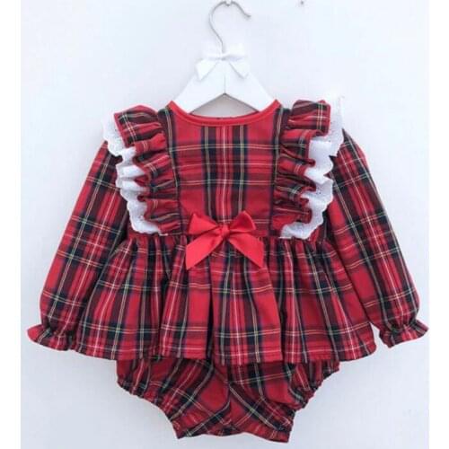 Newborn Toddler Baby Girl Lace Long Sleeve Romper Clothes Dress Shorts Outfit 2Pcs Kids Red Plaid Set 0-24M