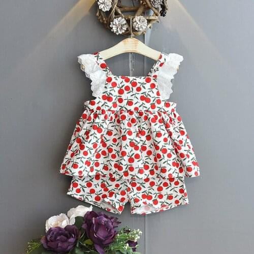 2021 New Summer Girls Clothes Set Fashion Lace Patchwork Sleeveless Top+ Printed Short 2PCS Toddler Cartoon Baby Clothes Suit