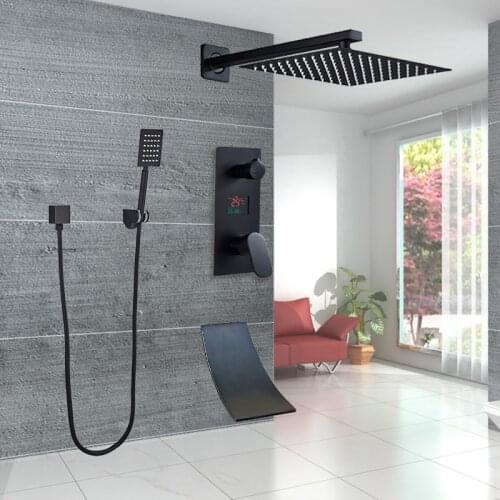 Matte Black Ultra-thin Shower Head Bathroom Rainfall Shower Faucet Digital System Bathtub 3Ways Waterfall Tub Spout Shower Mixer