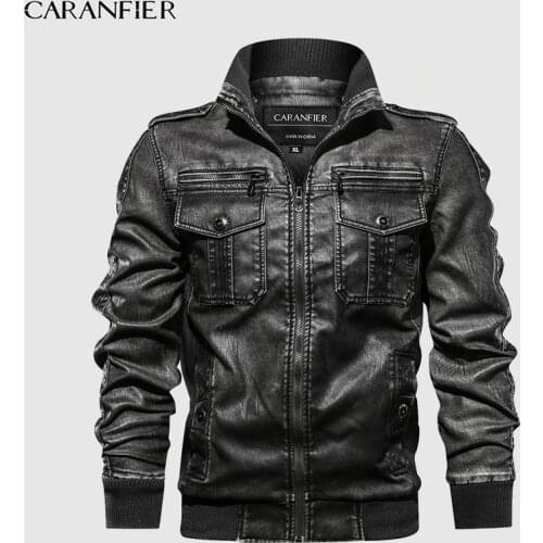 CARANFIER Mens Leather Jackets Motorcycle Stand Collar Zipper Pockets Male US Size PU Coats Biker Faux Leather Fashion Outerwear