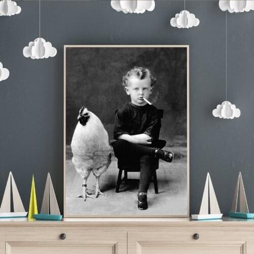 Weird Vintage Photography Prints Poster Boy Smoking with His Chicken Pet Antique Portrait Art Canvas Wall Paintings Home Decor