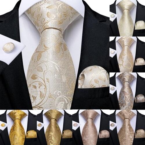 DiBanGu Gift Men Tie Light Champagne Paisley Silk Wedding Tie For Men New Design Hanky Cufflink Quality Men Tie Set Dropshipping