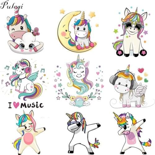 Pulaqi Cartoon Music Unicorn Iron On Transfer Clothes Stickers Cute Animal Heat Transfers DIY For Kids T-shirt Applique Patch F
