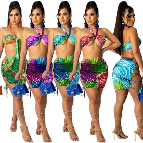 Leaf Print Bandage Criss Cross Crop Top And Skirt Two Piece Sets Women Sexy Club Party Halter Outfits Summer Slim Beach Set