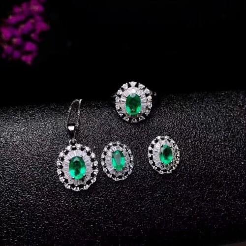 925 Pure silver inlaid with natural green emerald ring Pendant ear stud natural gemstone jewelry woman party suits gift jewelry