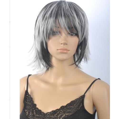 Shun New wig Cosplay Womens Short Straight Wigs Black White Mix Ladies Heat Resistant Synthetic hair Wigs