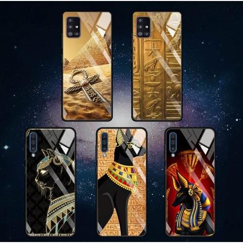 Glass Case For Samsung Galaxy A51 A71 A50 A70 A21s A31 A52 A72 5G M31 M51 Antifall Printing Phone Cover Egypt Anubis Ankh Cat