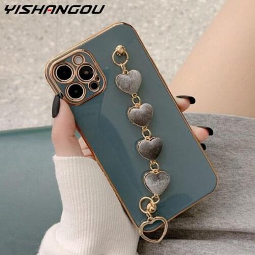 Holo Heart Fabric Bracelet Hand Holder Cover for iPhone 12 11 Pro Max XR XS X 8 7 Plus Luxury Plated Gold Electroplated Cases