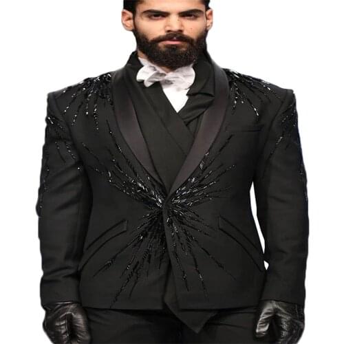 Spring and Autumn Black Slim Fit Wedding Suits For Groom Blazer With Pants Crystals Beaded Prom Formal Dinner Business Jacket