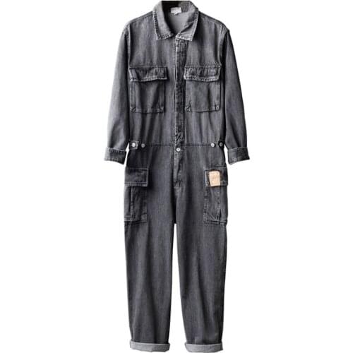 Spring Jeans Overalls Men Denim Jumpsuits Long Sleeve Lapel Multi Pocket Retro Loose Street Workwear Pants Black Blue Trousers