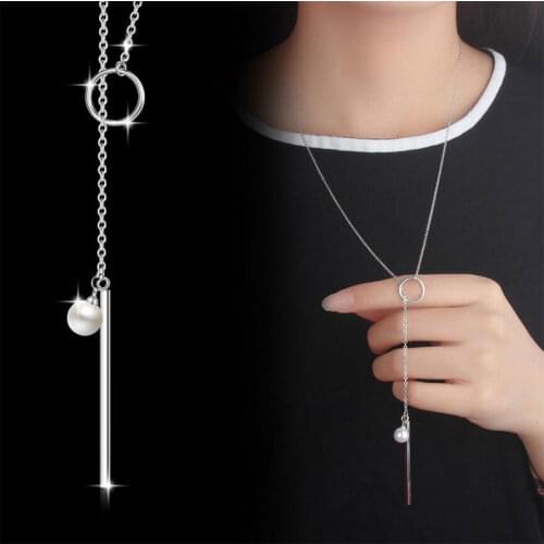 ANENJERY 925 Sterling Silver Delicate Pearl Circle Strip Long Chain Necklaces For Women collares S-N49