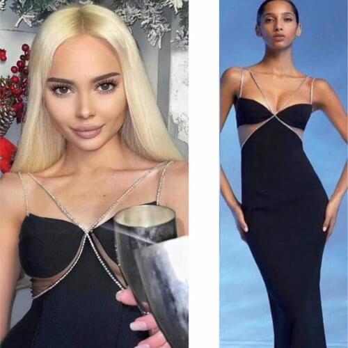 Free Shipping Wholesale Womens Dress Black Spaghetti Strap V-Neck Sexy Club Celebrity Cocktail Party Bandage Long Dress