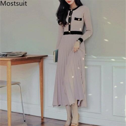 2020 Autumn Korean Knitted Women Long Pleated Dress Women Long Sleeve Single-breasted A-line Dresses Elegant Ladies Vestidos