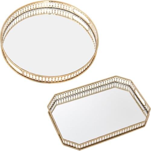 Gold Mirrored Glass Metal Tray Organizer Storage Dessert Serving Plate