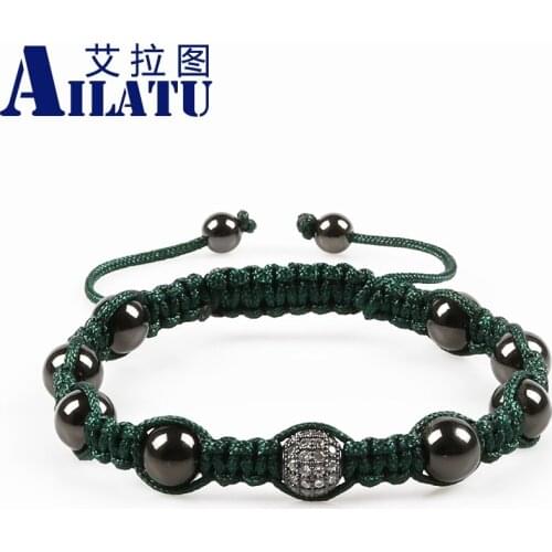 Ailatu New Arrival Micro Inlay Cubic Zirconia Ball Charm with 8mm Black Plated Copper Beads Braiding Macrame Bracelet