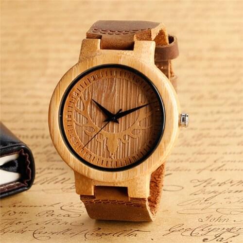 Handmade Deer Head Nature Wood Watch Mens Sport Quartz Analog Wristwatch with Brown Genuine Leather Band Strap Timepiece Clock