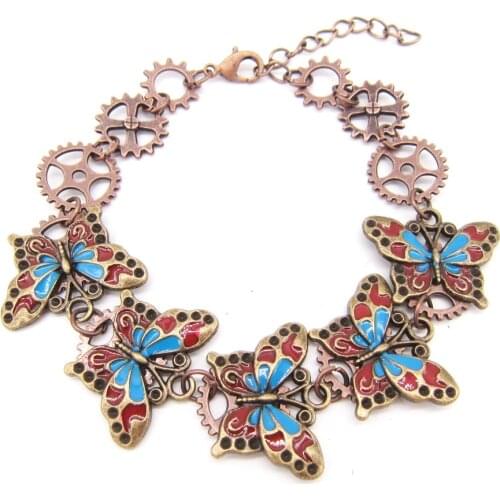 2018 Cykopv Original Design Epoxy Butterflies and Copper OX Gears Women`s Vintage Steampunk Bracelet