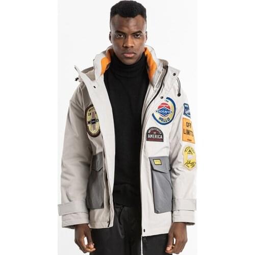 Hot sale high quality mens winter thick hood coat appliqued patches down jackets