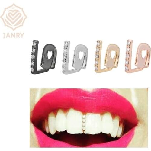 JANRY Vertical Single Gold Teeth With 4 Diamond Braces CZ Stones Tooth Grill For Men Women Gift Gifts Hot Sell
