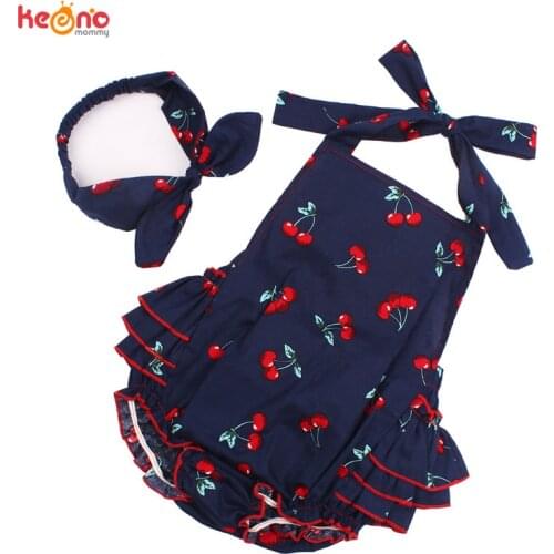Baby Girl Rompers Set Toddler Cotton Ruffled Romper and Headband Lemon Cherry Vintage Children Sunsuit Baby Shower Gift