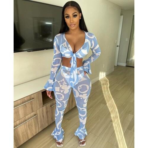 Echoine Sheer Mesh Print Crop Top Lace Up Blouse Shirt Flare Sleeve Ruffle Top Pants Set Matching Set Sexy Bodycon Two Piece Set