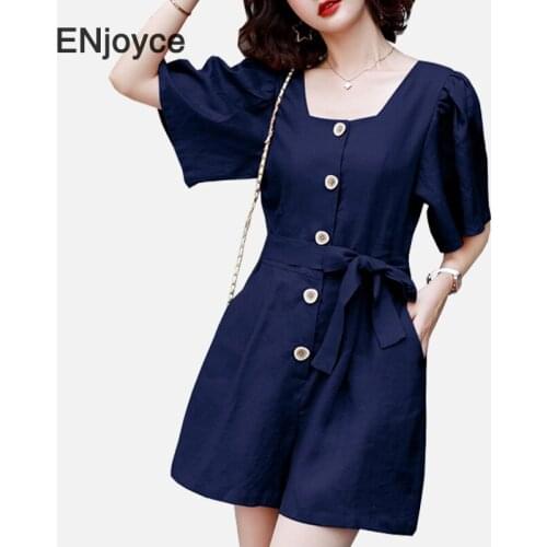 Summer Elegant Square Collar Cotton Linen Jumpsuits Shorts Women Fashion Pink Vintage Short Sleeves Loose Wide Leg Playsuits