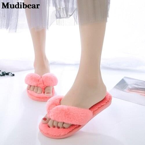 Mudibear Furry Slippers Womens Winter Home Indoor Outdoor Plush Flip-flops Non-Slip Wooden Cotton Slippers Suede Solid Color