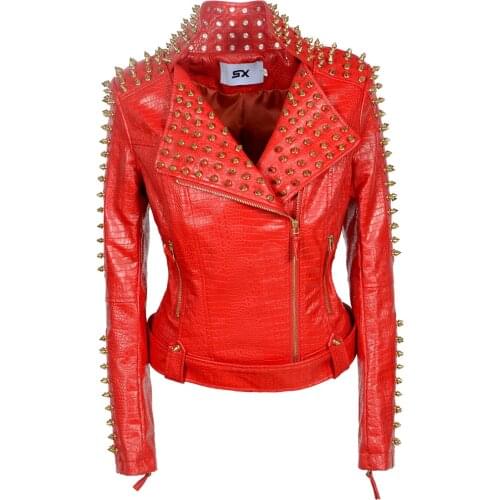 New Fashion casual womens long-sleeved Punk Rivet Coat Slim Fit Zipper PU Leather Studs Jacket Baseball Lapel Style Outerwear