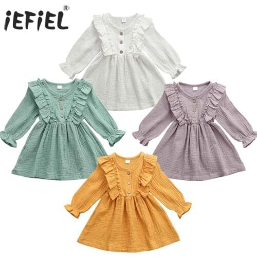0-4Y Toddler Kid Baby Girl Cotton Linen Party Casual Dress Long Sleeve Ruffles Dress Clothes Solid Sundress Baby Spring Clothing