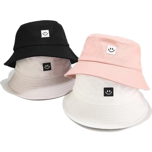 Smile Face Women Bucket Hat Solid Color Cotton Sun Hat Outdoor Sports Travel Beach Panama Patch Stitched Fishermen Female Cap