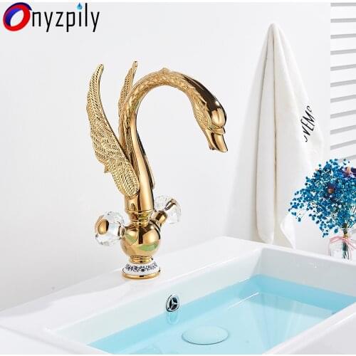 Onyzpily Golden Swan Luxury Copper Basin Faucet Bathroom Mixer Taps Plated Swan Washbasin Faucet Mixers Sink Taps Torneiras
