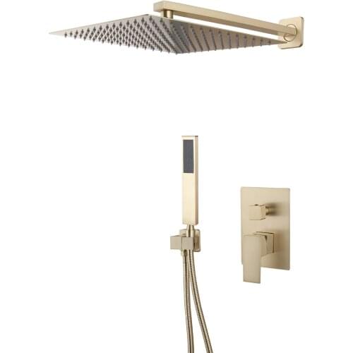 JIENI Luxury Bathroom Shower Set Brushed Gold Rainfall Wall Mounted Solid Brass Ultrl-thin Square Shower Head Hand Faucet