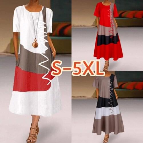 S-5XL Casual Round Neck Colorblock Loose Daily Wear Summer Plus Size Women Clothing Short Sleeve Boho Long Tunics Shirt Dresses