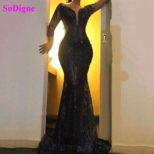 SoDigne Black Long Sleeve Evening Dress Lace Applique Backless Sequin Mermaid Prom Dress Women Special occasion dresses