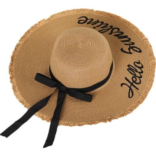 New Weave Sun Hats Straw Hat Black Ribbon Tie Up Caps for Women Summer Beach Outdoor Drop Shipping